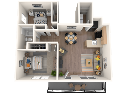 Floor plan for 2 beds, 1 bath, 863 sqft
